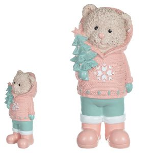 Urso Em Pé De Resina Rosa Com Arvore 36cm